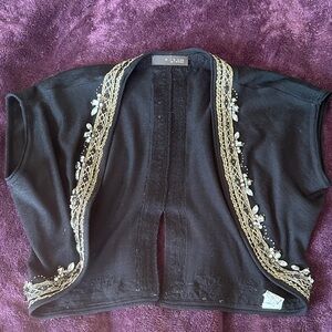 Elegant Black Shrug with Gold Accents and Silver Embroidery